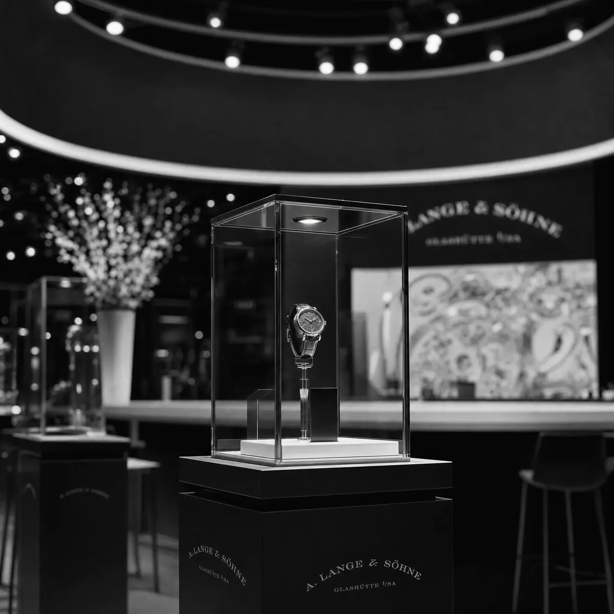 Heritage display — glass cube vitrine with single watch