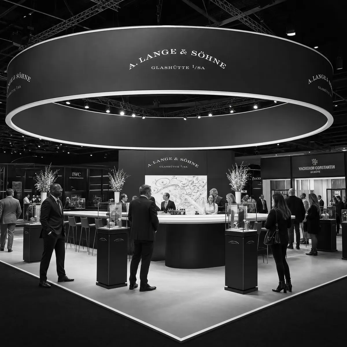 Watchmaker pavilion — circular ring brand element, full booth