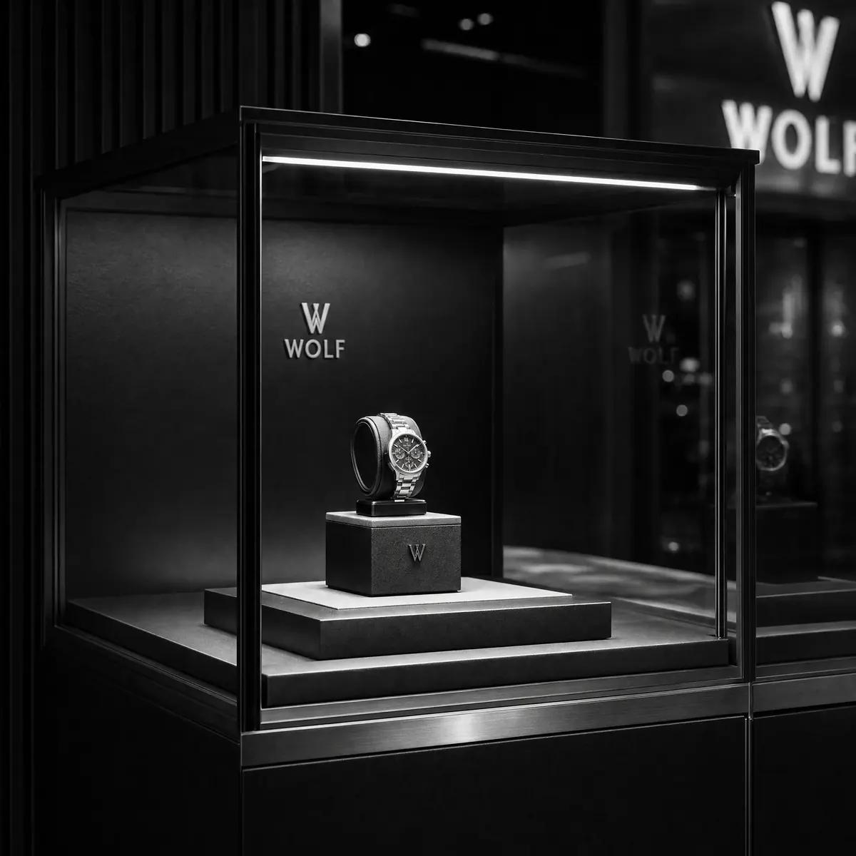 Watchmaker pavilion — single product vitrine, lit display