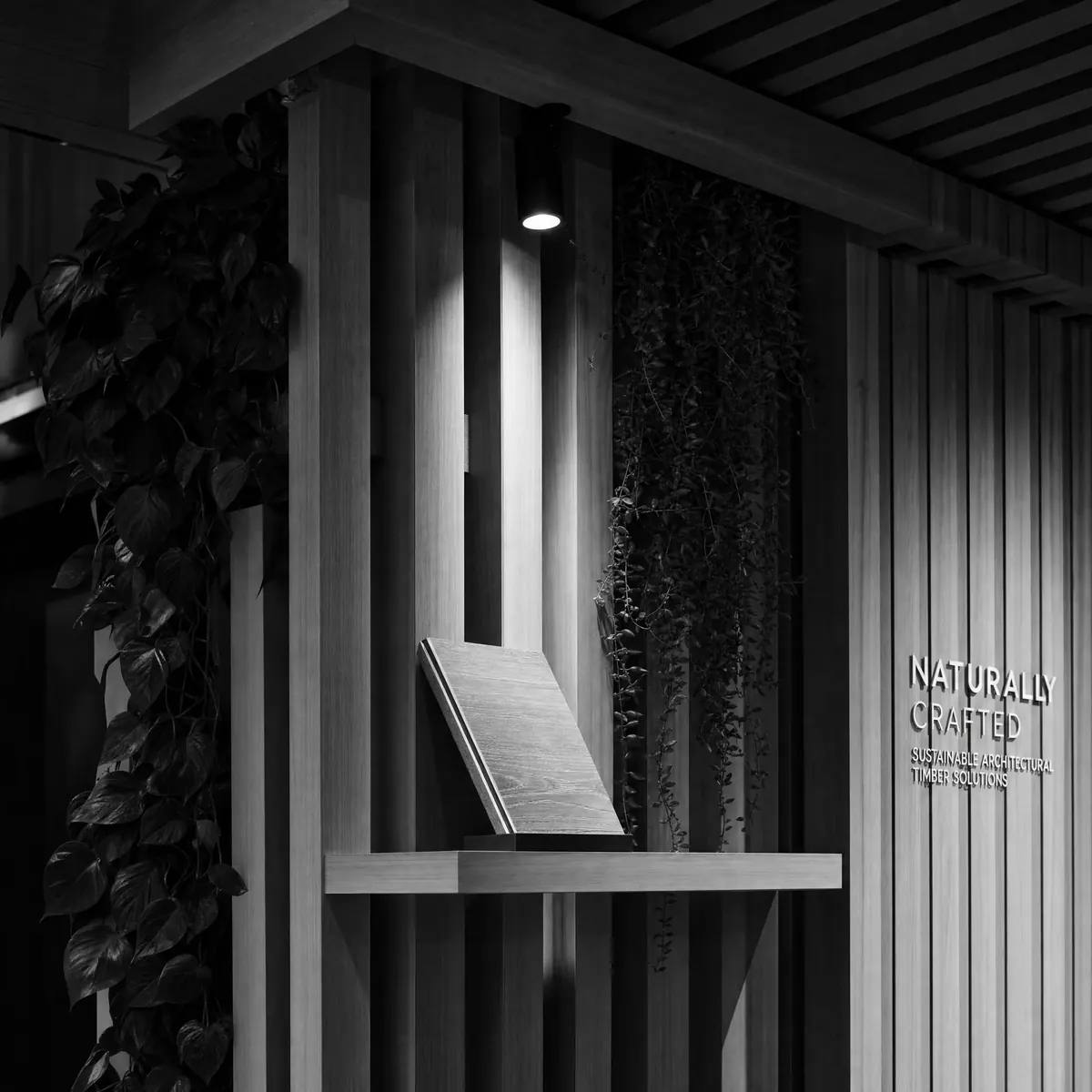 Naturally crafted — detail of timber slatted wall, signage